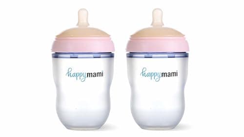 HappyMami - Set de 2 Biberons en Forme de Sein, Biberons 250 ml, Couleur Rose, Tétine en Silicone de Qualité Médicale, Double Système Anti-Colique, sans BPA, Lavable au Lave-vaisselle, Chauffe-biberon