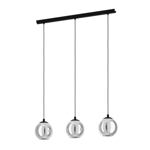 Eglo Suspension luminaire Ariscani, lampe de plafond suspendue à 3 flammes, lustre salon ou salle à manger en métal Noir et verre fumé Noir transparent, douille E27, 76,5 cm