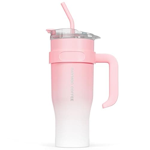 DAYMOO Mug isotherme avec paille et Poignée, Gobelet avec Paille et Couvercle, Tasse Thermos en Acier Inoxydable, Thermos Café Mug avec Couvercle, asse de Voyage Chaud ou Froid - 1.2 L, Rose Blanc