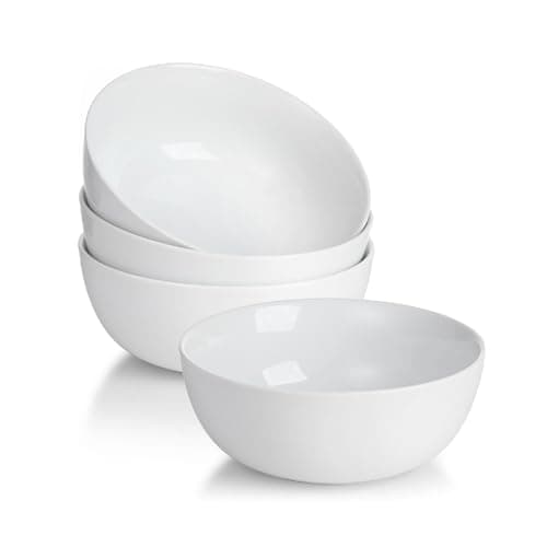 WishDeco Lot de 4 Bols à Céréales, Bols à Soupe 600ml, Bols Petit Déjeuner en Porcelaine, Bols Blancs pour Dessert, Pâtes, Nouilles, Riz, Salade, Fruits
