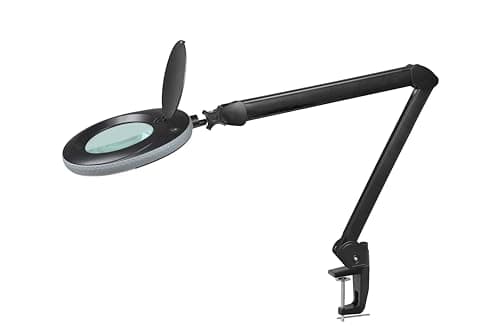 Lumeno LED Lampe loupe 7218SW avec lentille en verre de 127 mm, lampe de travail, convient pour cosmétique, les bricoleurs, aide à la lecture lampe grossissante, 8 dioptries Noir avec trépied roulant