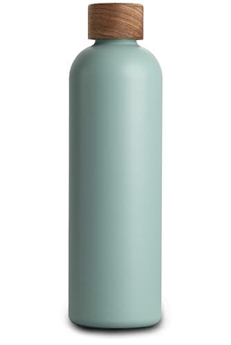 T&N Bouteille Isotherme d’eau 1l en acier inoxydable avec bouchon en bois d'acacia, Gourde Inox 1 Litre, conserve le froid à 29h, la chaleur 14h, étanche pour boissons gazeuses
