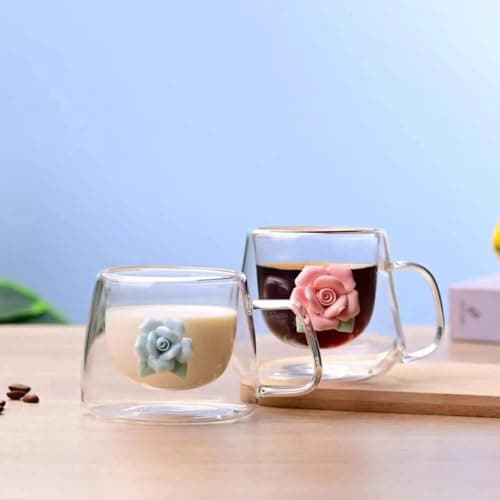 Bafnsiji 2pcs Tasses à café en Verre, Tasse de Verres Cappuccino Latte Macchiato, Tasses de Verres à café à Fleur à Double paroi, Tasses de Verres à Latte isolés, 200ml