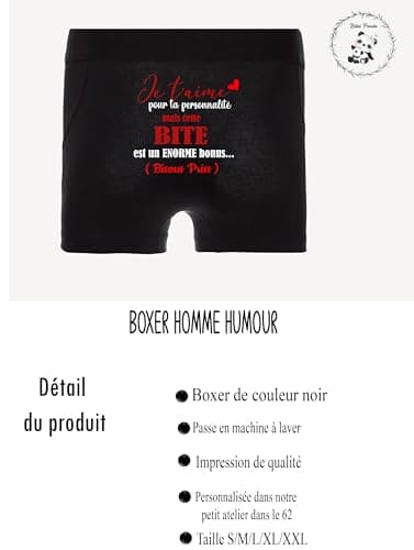 Boxer Homme Noir Humoristique – "Je t'aime pour ta personnalité " Personnalisé avec le prénom – Idée Cadeau Saint-Valentin, Anniversaire– Sous-vêtement Confortable – Tailles S M L XL XXL