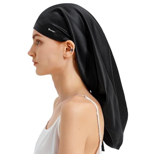 LILYSILK Bonnet de sommeil en soie de mûrier - 100 % soie de 19 momme - Long bonnet de nuit pour cheveux bouclés - Bonnet de nuit pour dormir - Bonnet en soie pour femme avec cheveux longs, Noir ,