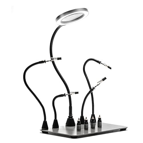 SainSmart Station de soudage magnétique avec une base plus grande de 28 x 18 cm, lampe loupe LED 5x, 4 supports de circuit imprimé et 4 mains d'aide magnétiques flexibles