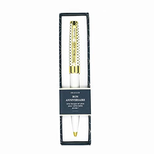 DRAEGER PARIS | Stylo bille de couleur crème et or "Bon Anniversaire" |Texte personnalisé mine noire | Idée cadeau Anniversaire pour Collègue, amis, famille | Boite cadeau