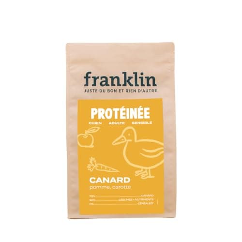 Franklin – Nourriture pour Chien sans Céréales – Gamme Protéinée – avec 70% de Canard – Mono-protéine – Digestion Facile – Forme Ronde 13mm – 2,5kg
