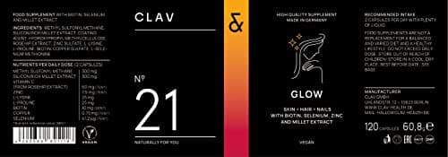 GLOW - Vitamines Cheveux avec Biotine Zinc Sélénium et Extrait de Millet - 120 Gélules (2 Mois) - Complement Alimentaire Cheveux, Peau et Ongles - Vegan
