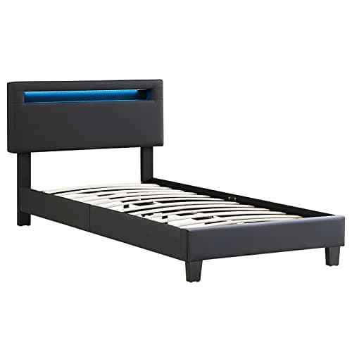 IDIMEX Lit LED Simple 90x190 cm avec sommier, tête de lit réglable en Hauteur, en synthétique Noir, Evan