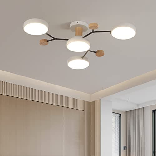 Schindora Plafonnier LED 4 têtes,36W blanc chaud 3000K,plafonnier décor bois Ø66cm pour salon cuisine salle à manger bureau à domicile chambre d'enfant