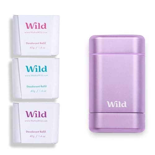 Wild - Déodorant Naturel Rechargeable - Sans Aluminium - Etui Violet avec Lot Varié de Recharge (3 x 40g) - Comprend Fresh Cotton & Sea Salt, Jasmine & Mandarin et Coconut & Vanilla - Végan