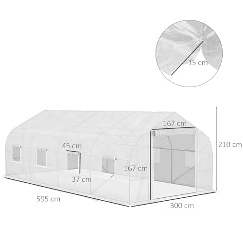 Outsunny Serre de Jardin Tunnel 600 x 300 x 200 cm Porte + 8 fenêtres enroulables métal galvanisé bâche PE Haute densité 140 g/m2 idéale pour Toutes Saisons Blanc