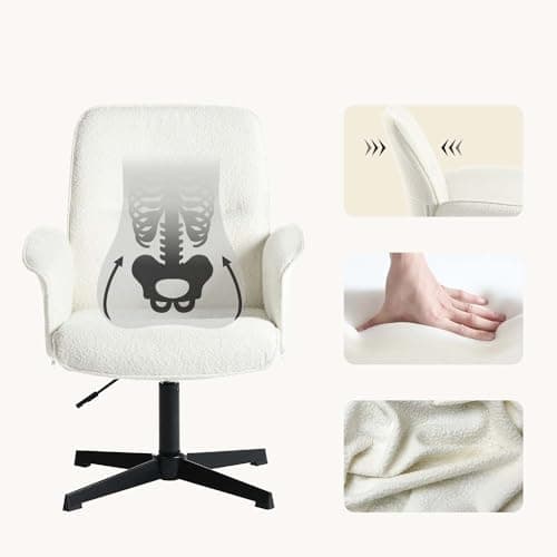 MEUBLE COSY Chaise de Bureau Fauteuil Coiffeuse Chambre Ergonomique Siège Pivotant Hauteur Réglable avec Accoudoir en Bouclette sans roulettes Capacité 120 kg Blanc, 66x63x82-94cm
