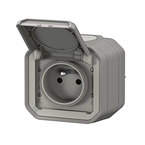LEGRAND - Prise Etanche IP55 avec Terre Plexo - Prise 2P+T 16A Complète avec Volet - Pour Pose en Apparent - Gris