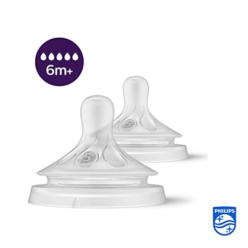 Philips Avent Lot de 2 tétines pour biberon à Réponse Naturelle 0% BPA, Débit 5 pour Bébé de 6 mois + (modèle SCY965/02)
