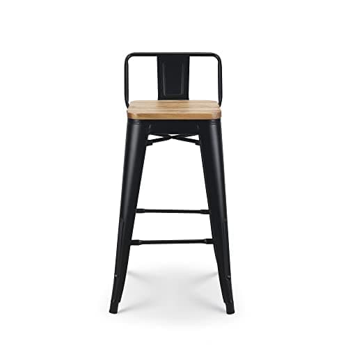 Kosmi - Lot de 4 tabourets de Bar en métal Noir Mat Style Industriel avec Dossier et Assise en Bois Clair - Hauteur 66cm