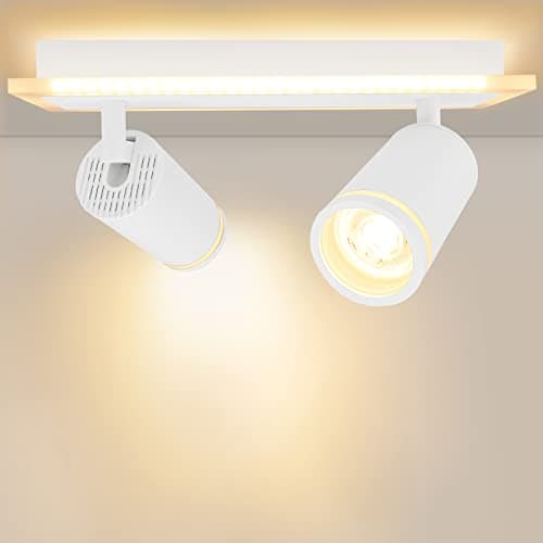 URing Plafonnier LED 2 Spot, Spots de plafond Plafonnier Pivotants & Orientables, Éclairage LED luminaire avec lueur inférieure 7W+ 2x 5W GU10 1700LM, Blanc Chaud 3000K pour Cuisine Salon, Blanc mat