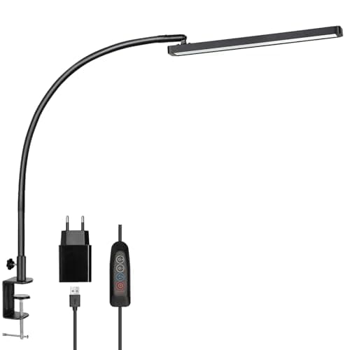 Lampe de Bureau LED, BIENSER 14W Lampe de Table Architecte Flexible avec Pince, 10 Niveaux de Luminosité X 5 Modes de Couleur, Lampe de table Réglable, Protection des Yeux, 5V/2A CE Adaptateur Incluse