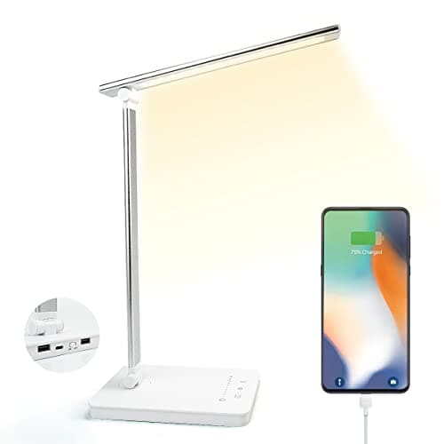 Lampe de Bureau LED 15W Lampe Bureau Puissante Tactile Dimmable 10 Luminosité Réglable 5 Modes de Couleur Lampe Lecture Protection des Yeux, Port USB&Fonction Minuterie/Mémoire