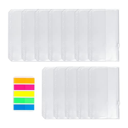 Lot de 12 pochettes classeur A5 6 trous avec étiquettes autocollantes fluo. Dossier à glissière en plastique transparent imperméable à l'eau 6 trous perforés divers dossiers pour l'école de bureau