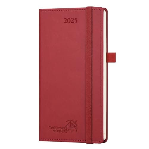 POPRUN Agenda de Poche 2025 16,5 x 9 cm - Couverture Rigide en PU Cuir, Petit Planner Semainier D'Jan 2025 à Déc 2025-12 Mois, Avec signet à 2 rubans, Papier Certifié FSC® 100 g/m2, Bourgogne