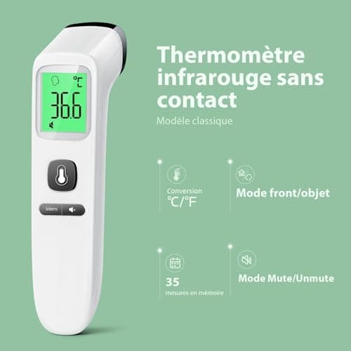 Thermomètre Frontal Sans Contact, Thermometre Bebe, Thermomètre Médical Numérique Infrarouge pour Adultes, Lecture Précise avec Ecran LCD, Mode Muet, Rappel de Mémoire (Blanche)