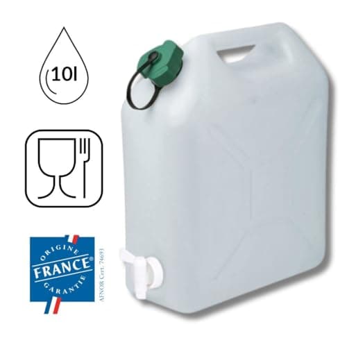 EDA - Bidon à Eau 10 L - Jerrican Extra Fort avec Bouchon Simple et Robinet - Certifié Contact Alimentaire - 29 x 14 x 35 cm - Naturel