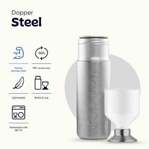 Dopper Steel Bouteille d'eau 800 ml - Gourde Inox - Bouteille Reutilisable sans BPA, acier inoxydable 18/8, anti-fuite - Gourde Metal de sport pour le sport, le plein air et le bureau