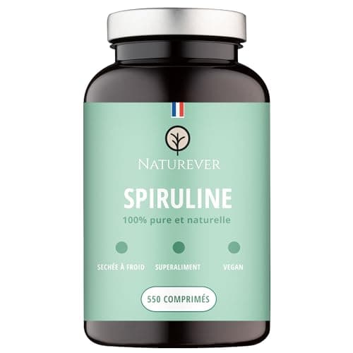 Spiruline - Naturever - Qualité supérieure, 100% pure et naturelle, sans excipients, séchée à froid, 22% de Phycocyanine, 550 cpr Vegan 500mg, Protéine, Fer, Antioxydants - Conditionnée en France