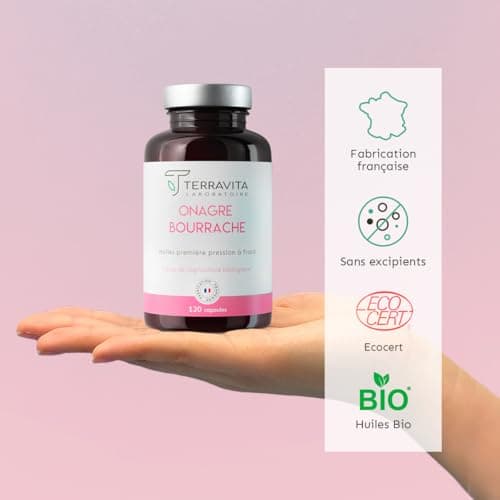 ONAGRE et BOURRACHE | Huiles BIO Première Pression à Froid | 120 Capsules de 500 mg | Hydratation de la Peau en Profondeur | Régulation du Système Hormonal | Label Ecocert Made in France | Terravita