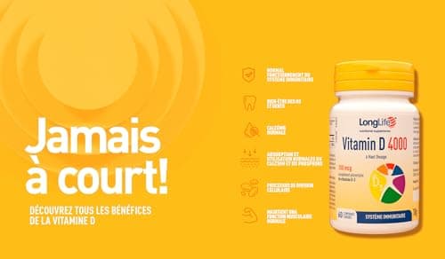 LongLife® Vitamin D 4000 ui | Haut dosage Vitamine D3 | Défenses immunitaires | Santé des os, dents et muscles | 4 mois de traitement | Végétarien et sans gluten