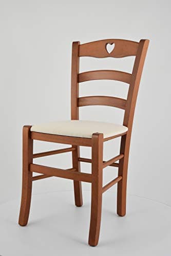 Tommychairs - Set 4 Chaises Cuore pour Cuisine, Bar et Salle à Manger, Robuste Structure en Bois de hêtre peindré en Cerisier et Assise rembourrée et revêtue en Tissu Couleur Ivoire