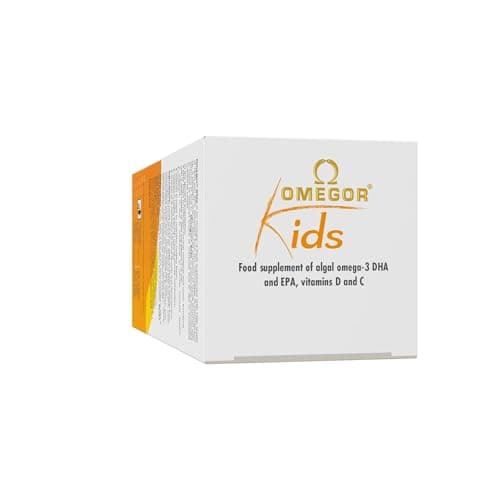OMEGOR® Kids avec oméga-3 végétal DHA pour enfants 250 mg de DHA et 125 mg d'EPA à partir d'huile d'algue | Miel et jus de fruits | Avec de la vitamine D3 | Bouteille de 150 ml avec cuillère.