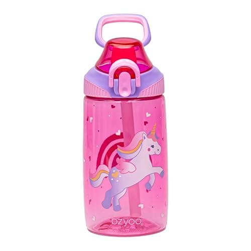 bzyoo Bouteille d'eau pour enfants 473,6 g – Étanche et facile à ouvrir ! Rose avec motifs de licorne mignons. Dispose d'une poignée et d'une fermeture sécurisée. Comprend une paille pratique pour une