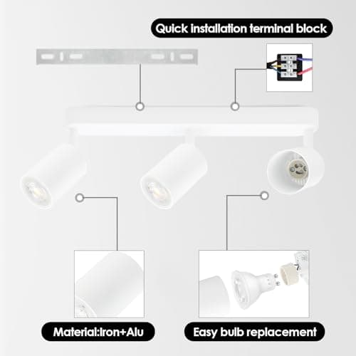 KYOTECH Plafonnier LED GU10 3 Spots Orientables Spot Plafond GU10 Applique Plafond Interieur Pivotants Applique murale LED Blanc,livré sans ampoules