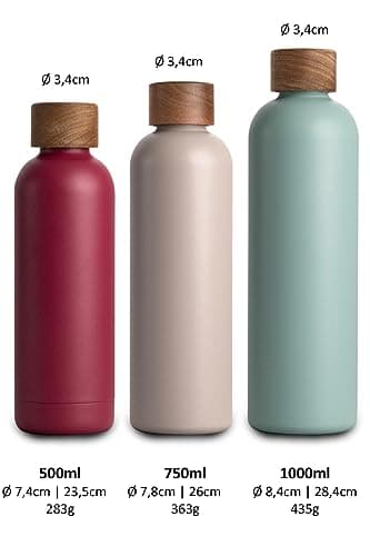 T&N Bouteille Isotherme d’eau 1l en acier inoxydable avec bouchon en bois d'acacia, Gourde Inox 1 Litre, conserve le froid à 29h, la chaleur 14h, étanche pour boissons gazeuses