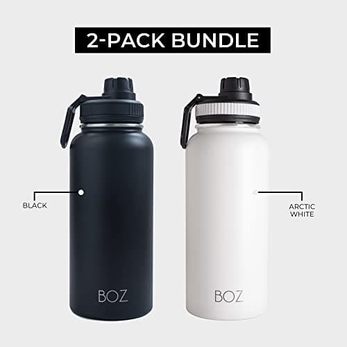BOZ - Lot de 2 Gourdes Isothermes En Acier Inoxydable 1L, Sans BPA, Double Isolation Sous Vide | Gourdes de Camping et Randonnée Avec Couvercle Anti Germe, Bouteilles d'Eau 1 Litre, (Blanc + Noir)