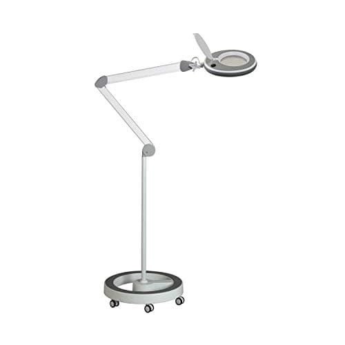 Lumeno 8213GR LED Lampe loupe pour poste de travail Lampe cosmétique, intensité lumineuse réglable, lentille en verre cristallin de 127 mm, aide à la lecture/loupe, 3 dioptries avec pied à roulettes