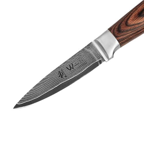 WAKOLI Edib Couteau d'office en Damas I Lame tranchante de 8,5 cm en acier damassé à 67 couches avec noyau VG10 et manche en bois de pakka I Couteau de cuisine professionnel & couteau damassé