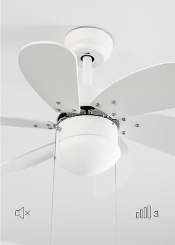 CREATE / WINDEASY/Ventilateur de plafond avec lumière, blanc lames bois naturel / 53W, silencieux, Ø86, 3 vitesses, lames réversibles, minuterie, été-hiver, double hauteur, moteur AC