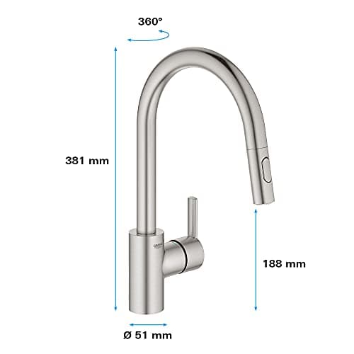 GROHE Robinet de cuisine évier Feel, Robinet Cuisine Douchette Extractible, Inverseur 2 jets, Zone rotation 360°, Installation et nettoyage facile, Supersteel, 31486DC1 (Import Allemagne)