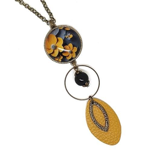 Grand Collier Sautoir Illustré de fleurs jaune et gris anthracite, pendentifs en cuir et métal, Métal Bronze avec cabochon en Verre - Fleurs de Lin
