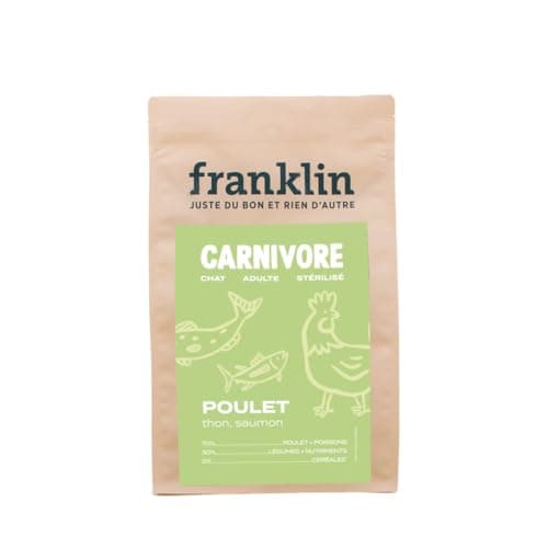 FRANKLIN - Croquette pour Chat Adulte Stérilisé - Gamme Carnivore - 70% De Viande & De Poisson - Croquettes sans Céréales - Riches en Protéines - Fermeture Intégrée - Taille 9mm - 3 kg