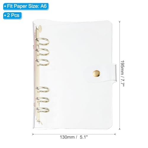 PATIKIL Couverture de Classeur Transparente A6, 2 Pcs, Protecteur de Classeur à Feuilles Mobiles en PVC Souple avec Fermeture à Bouton-Pression, 6 Anneaux Dorés pour Cahier, Transparent