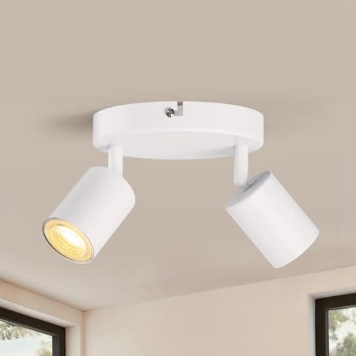 wowatt Spots de Plafond Orientable Blanc, Plafonnier 2 Spots GU10 Moderne, Rampe Spots et Rails de Spots Pivotant, Applique Murale Interieur Rond pour Cuisine Salon Chambre (Sans Ampoule)