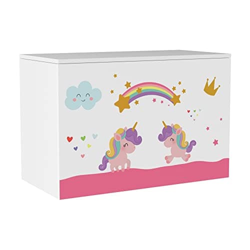 [en.casa] Coffre à Jouets pour Enfant Meuble de Rangement à Couvercle Rabattable Banc à Motif Licornes Capacité de Charge 70 kg Panneau de Particules 40 x 60 x 30 cm Blanc Violet Rose
