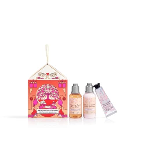 L'OCCITANE - Coffret de Noël Maisonnette Fleurs de Ceriser - Mousse Douceur Gel Douche, Lait Perlé Corps et Crème Mains - Fabriqué en France