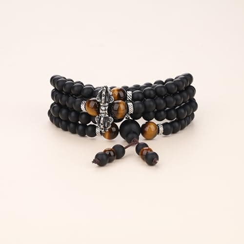 COAI Collier Mala 108 Perles pour Hommes Femmes, Bracelet Onyx Mat Œil de Tigre, Bracelet Vajra en Acier Inoxydable