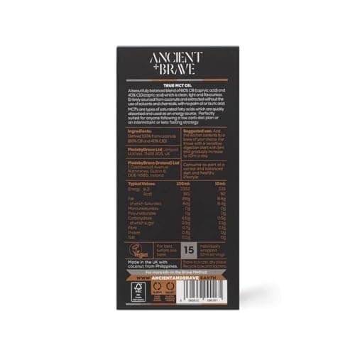 Ancient + Brave True MCT Oil Sachets 15 x 10 millilitres - Mélange C8, C10, 100% noix de coco - Soutien intermittent, cétogène, paléo et nootrope - Végétalien